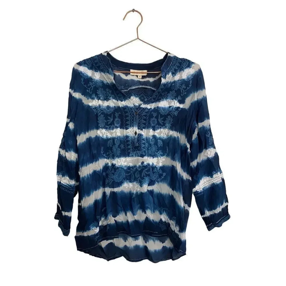 All About Her Women's Blue Long Sleeve Tie Dye Quinn Button-Up Top Size Medium